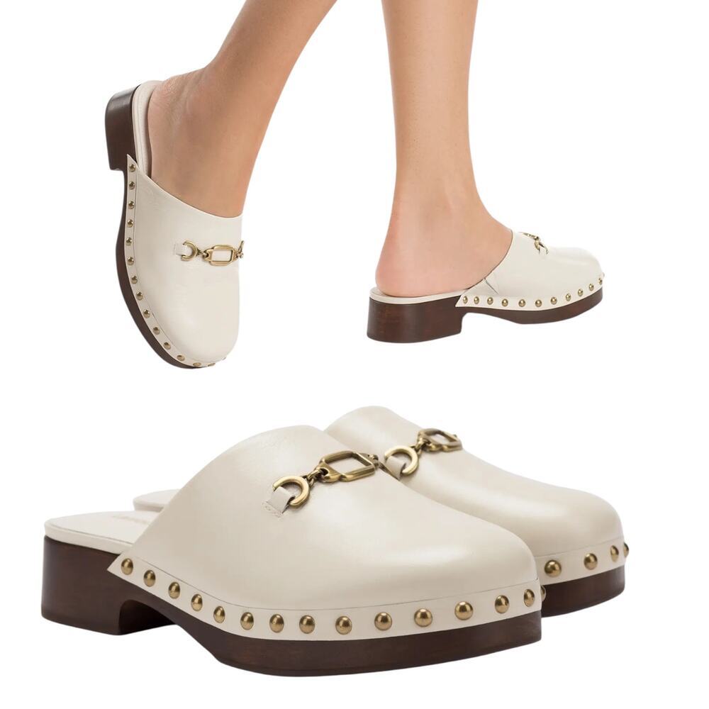 Larroudé Women's 'Zuzi Bit Mule' Leather Clog Slip-On Retro Ivory White Size 7.5